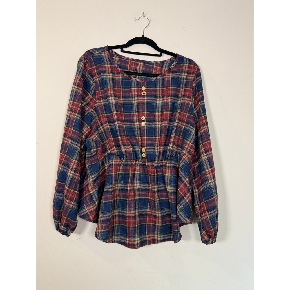 Womens Plaid Peplum Top Long Sleeve Elastic Waist Button Front Blouse Red Blue